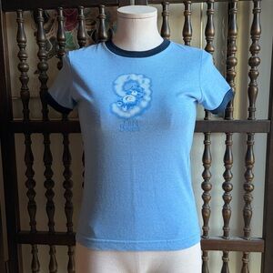 Vintage 2003 Care Bears Blue Graphic 100% Cotton Y2K Ringer Baby Tee Medium